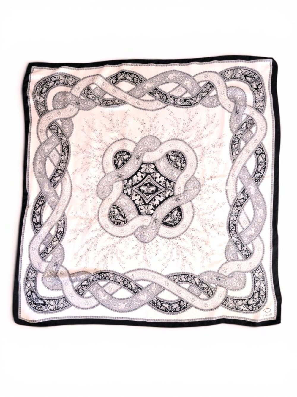 Oscar de la Renta Silky Satin Scarf Butterfly Print in Powder Pink and Black